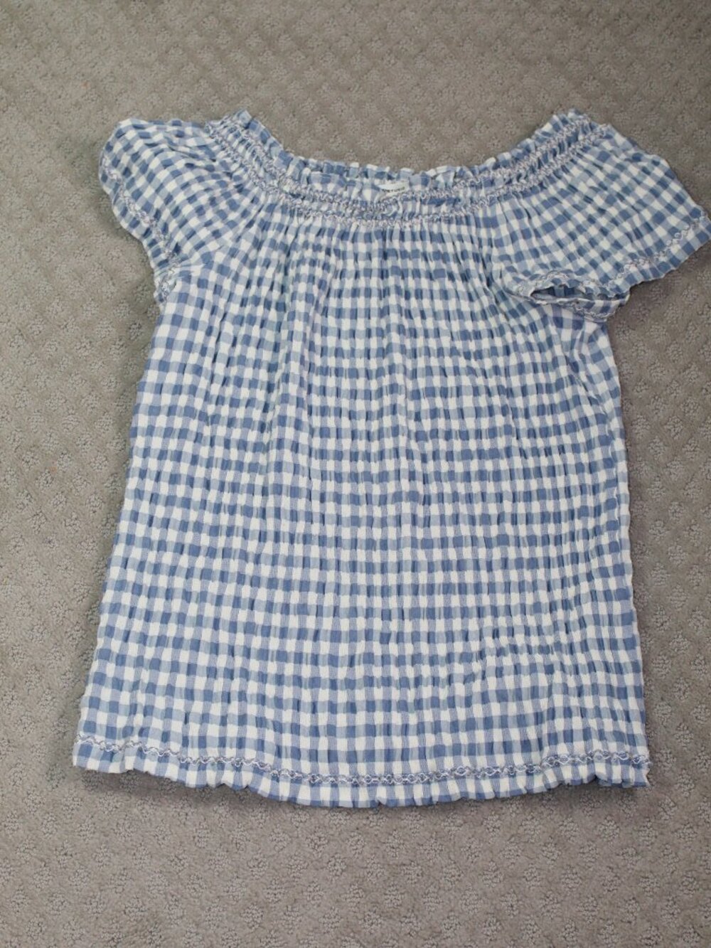 Max Studio Size L Blue Check Smocked Short Sleeve Blouse
